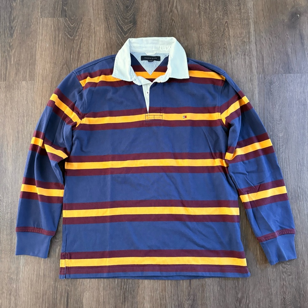 Y2K Tommy Hilfiger Rugby Shirt Men Medium Striped Flag Logo Heavy Cotton Blue